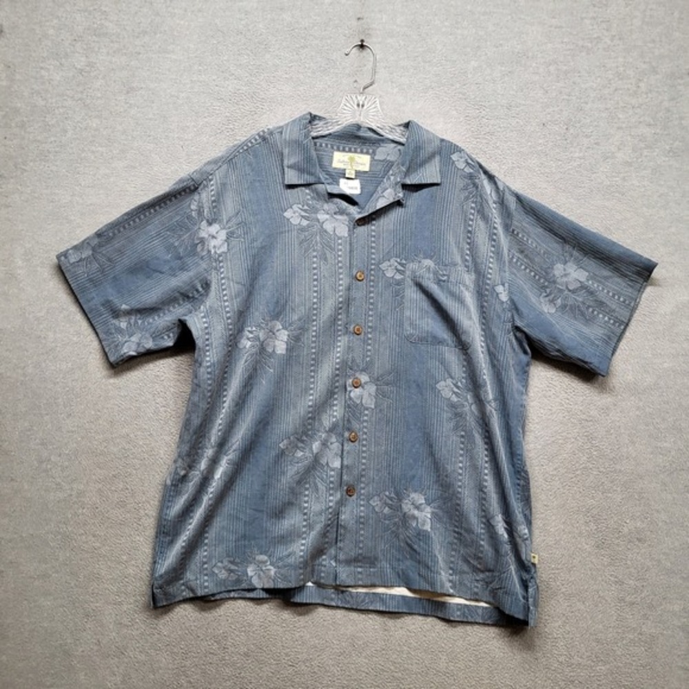 Island Shores Men Button Up Shirt XL Blue Silk‎ Logo Embroidered Embroidery